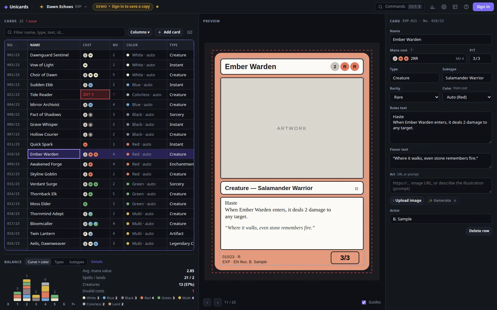 The Unicards editor: a spreadsheet of cards, a live card preview and set statistics